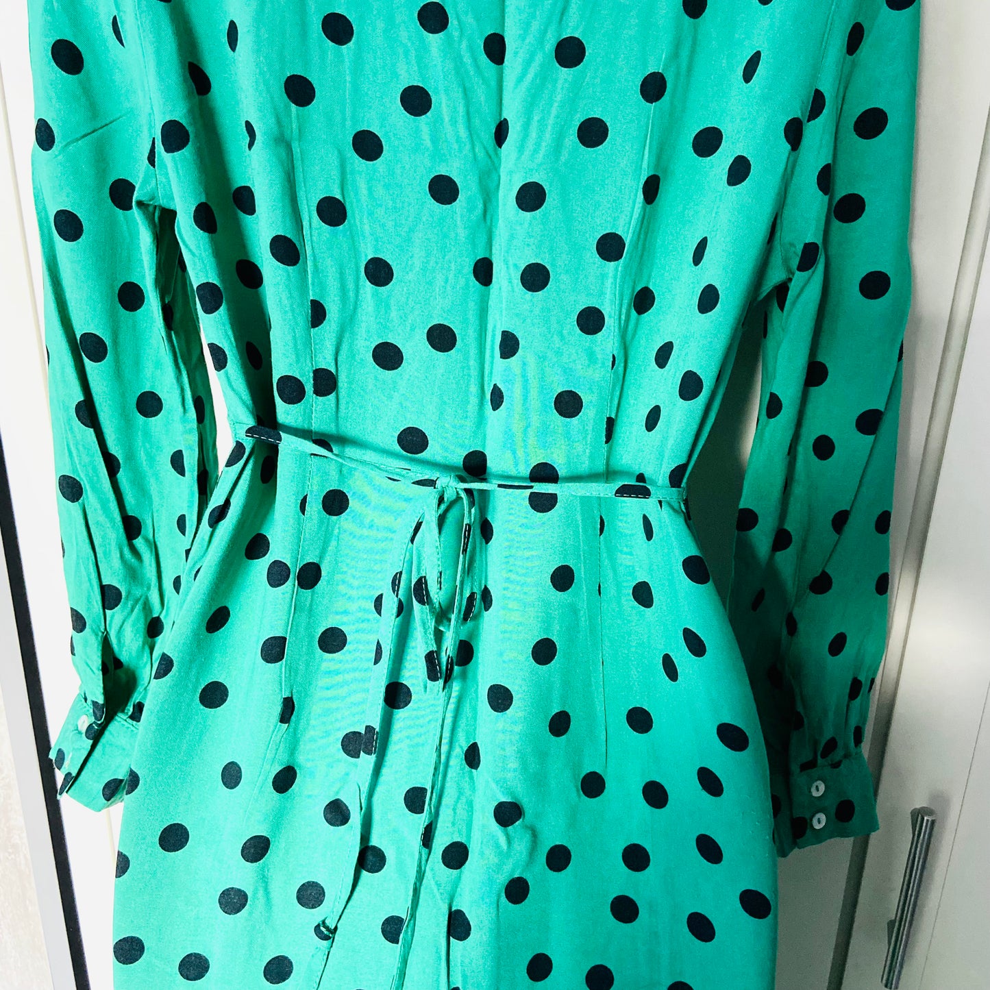 Miss Selfridge Petite | Green & Black Polkadot | Button Front Midi Tea Dress | Long Sleeve | Size 10