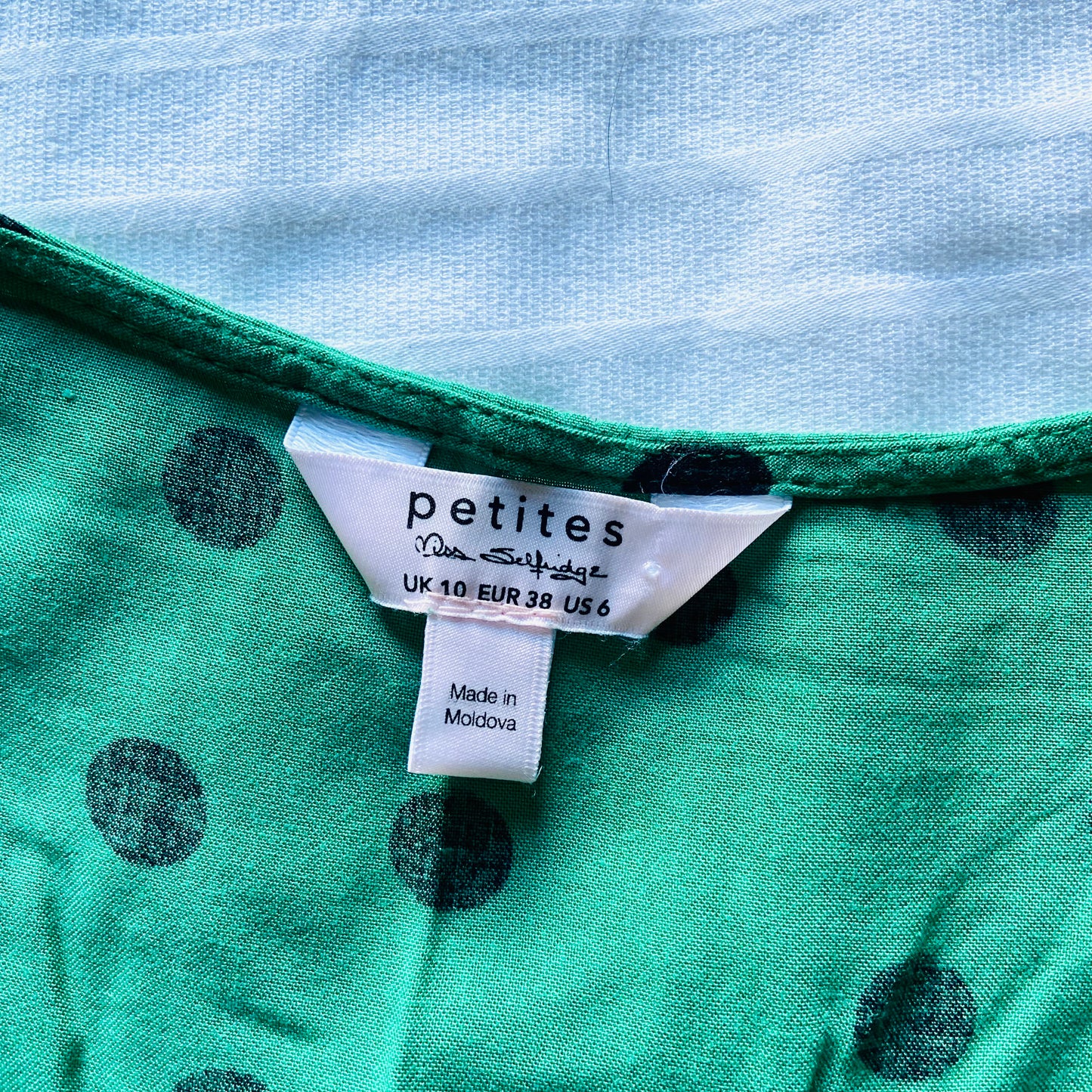 Miss Selfridge Petite | Green & Black Polkadot | Button Front Midi Tea Dress | Long Sleeve | Size 10