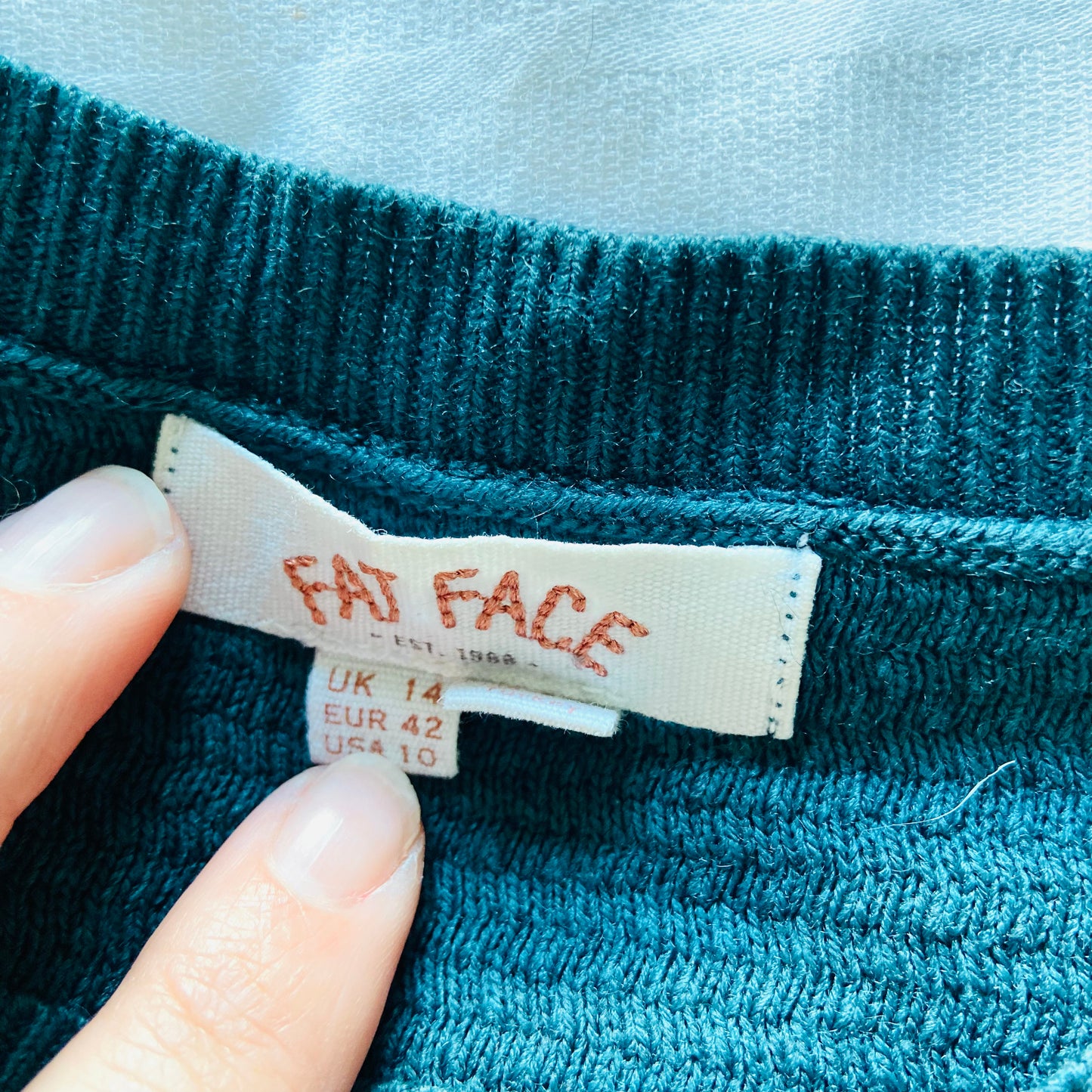 Fat Face | Teal Blue | Simone Textured Knit Skater Jumper Dress | 3/4 sleeve | Size 14