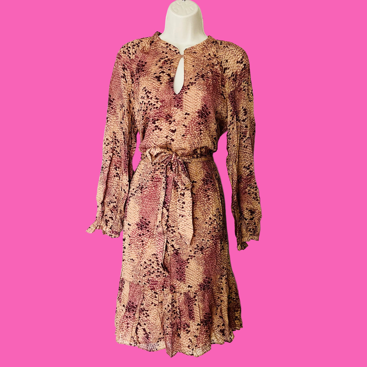 Massimo Dutti | Snakeprint Tan Brown Nude | Keyhole Belted Midi Tea Dress | Lightweight | Size 10 | NEW