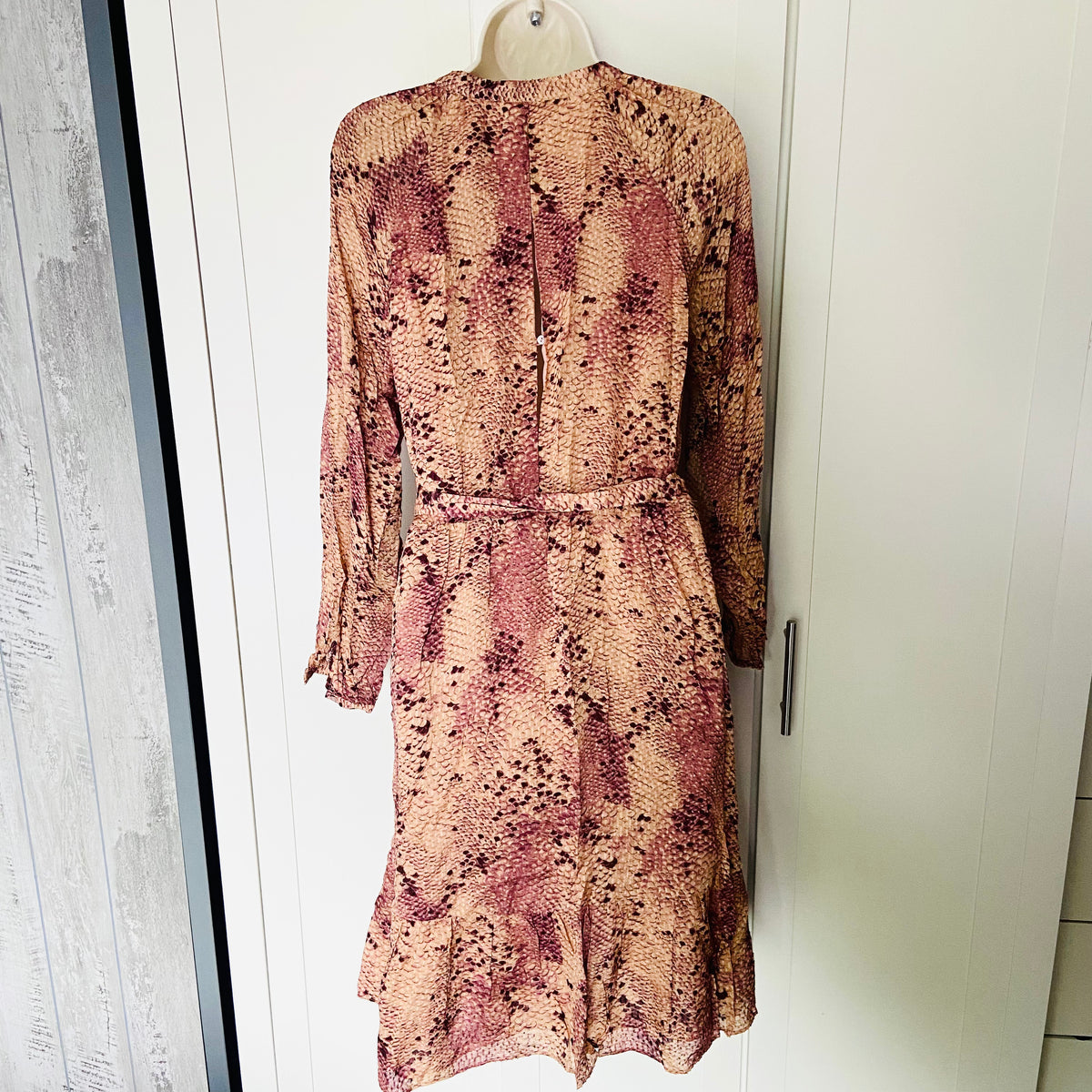 Massimo Dutti | Snakeprint Tan Brown Nude | Keyhole Belted Midi Tea Dress | Lightweight | Size 10 | NEW
