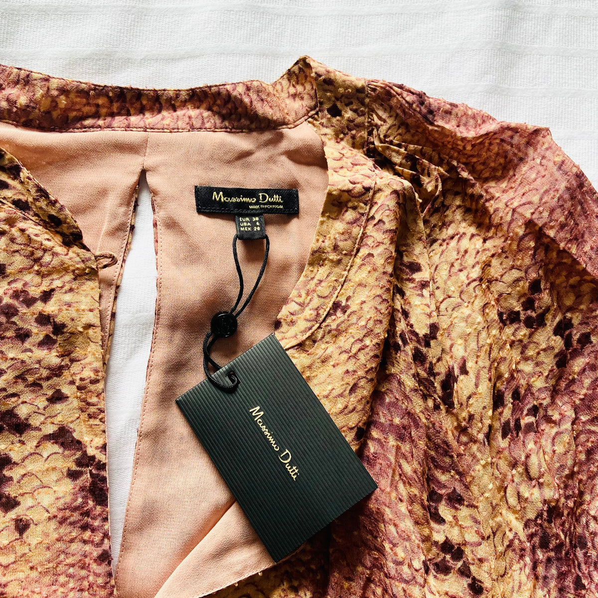 Massimo Dutti | Snakeprint Tan Brown Nude | Keyhole Belted Midi Tea Dress | Lightweight | Size 10 | NEW
