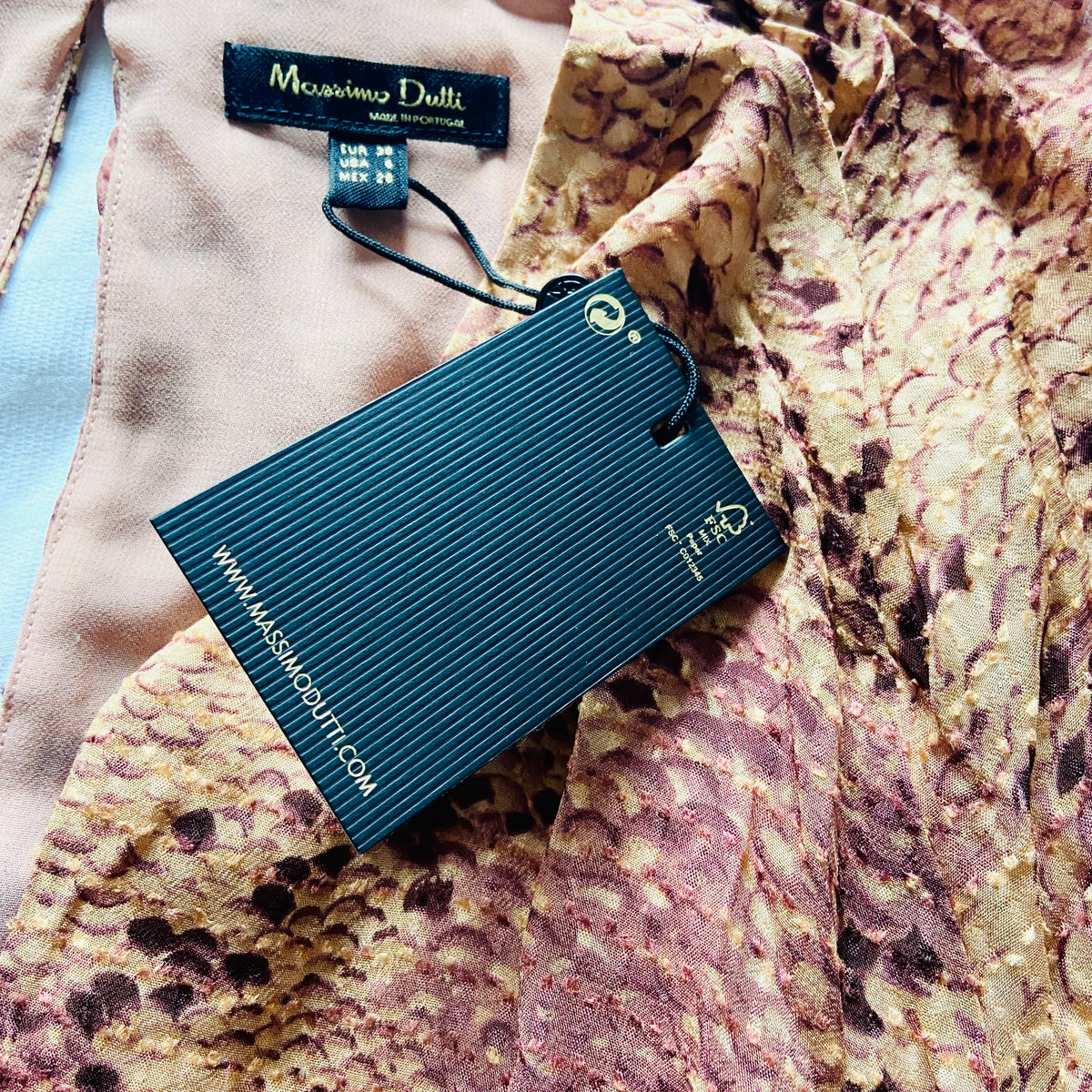 Massimo Dutti | Snakeprint Tan Brown Nude | Keyhole Belted Midi Tea Dress | Lightweight | Size 10 | NEW