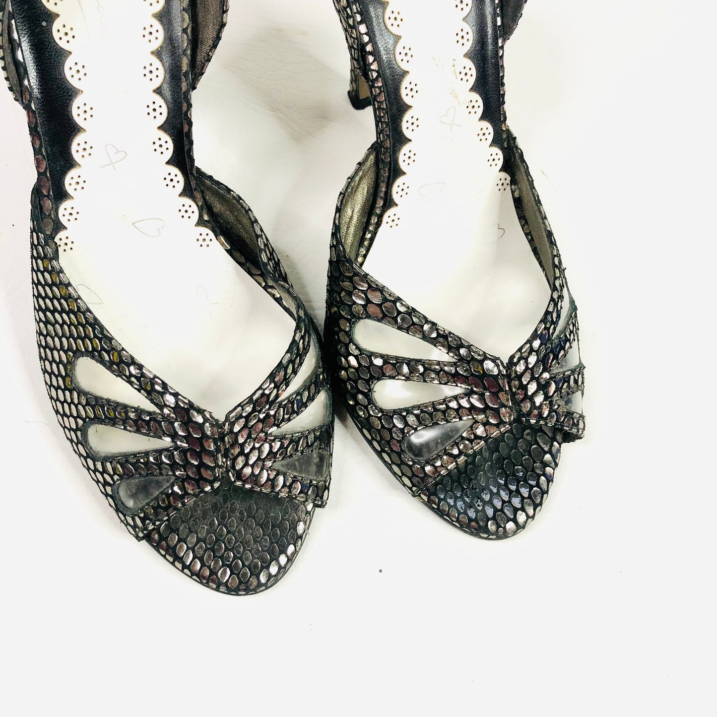 River Island Retro 50s Style Metallic Silver & Grey Peep Toe Heels Size 5 (38)