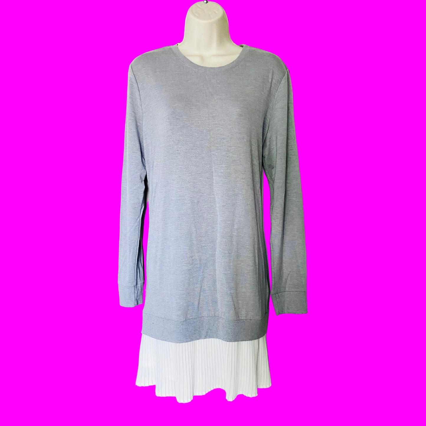 Cynthia Rowley | Grey | Sweatshirt Jumper Tunic Dress | Pleated White Skirt | Long Sleeve | Size Medium