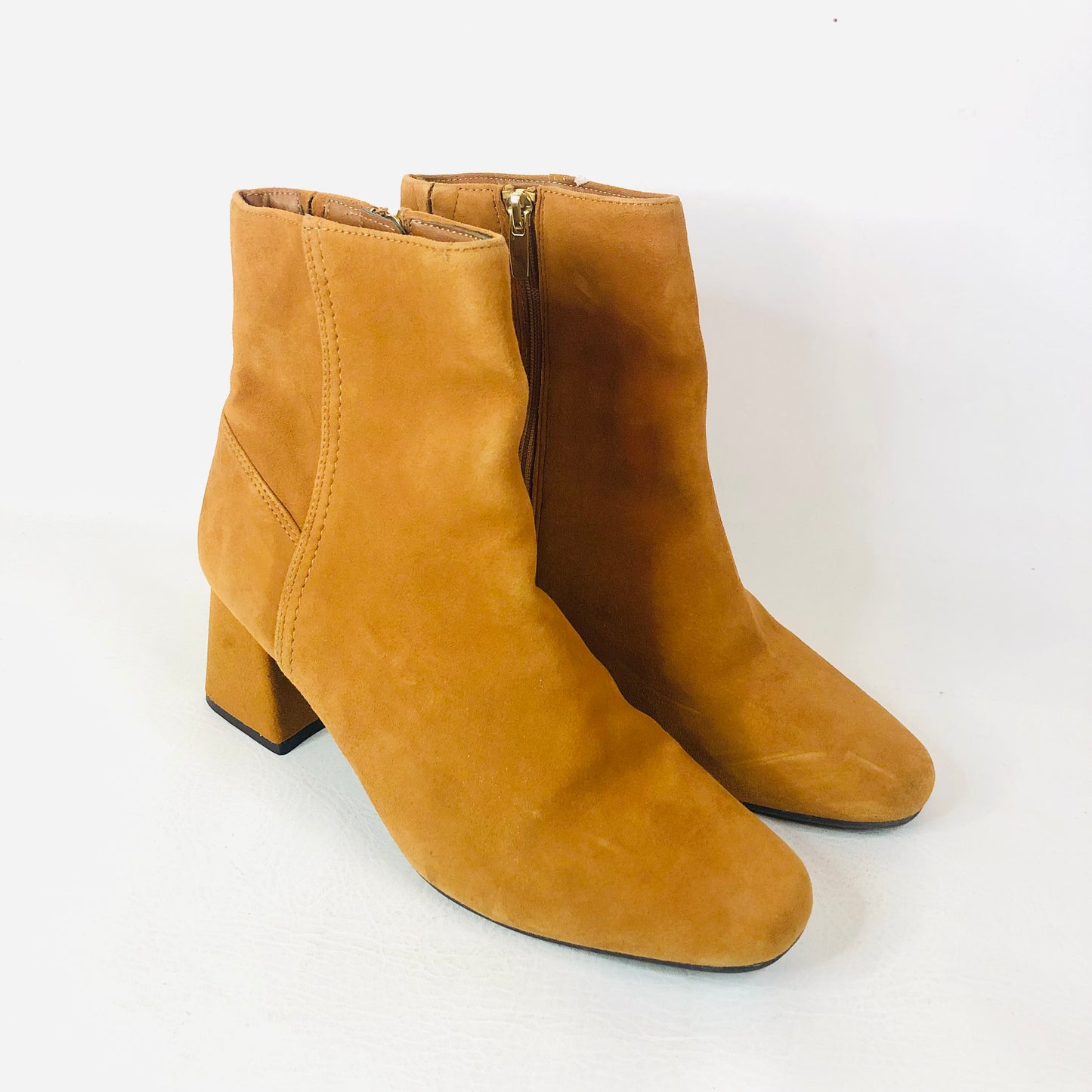 M&S Insolia Block Heel Tan Mustard Faux Suede Ankle Boots Size 5.5 (38.8)