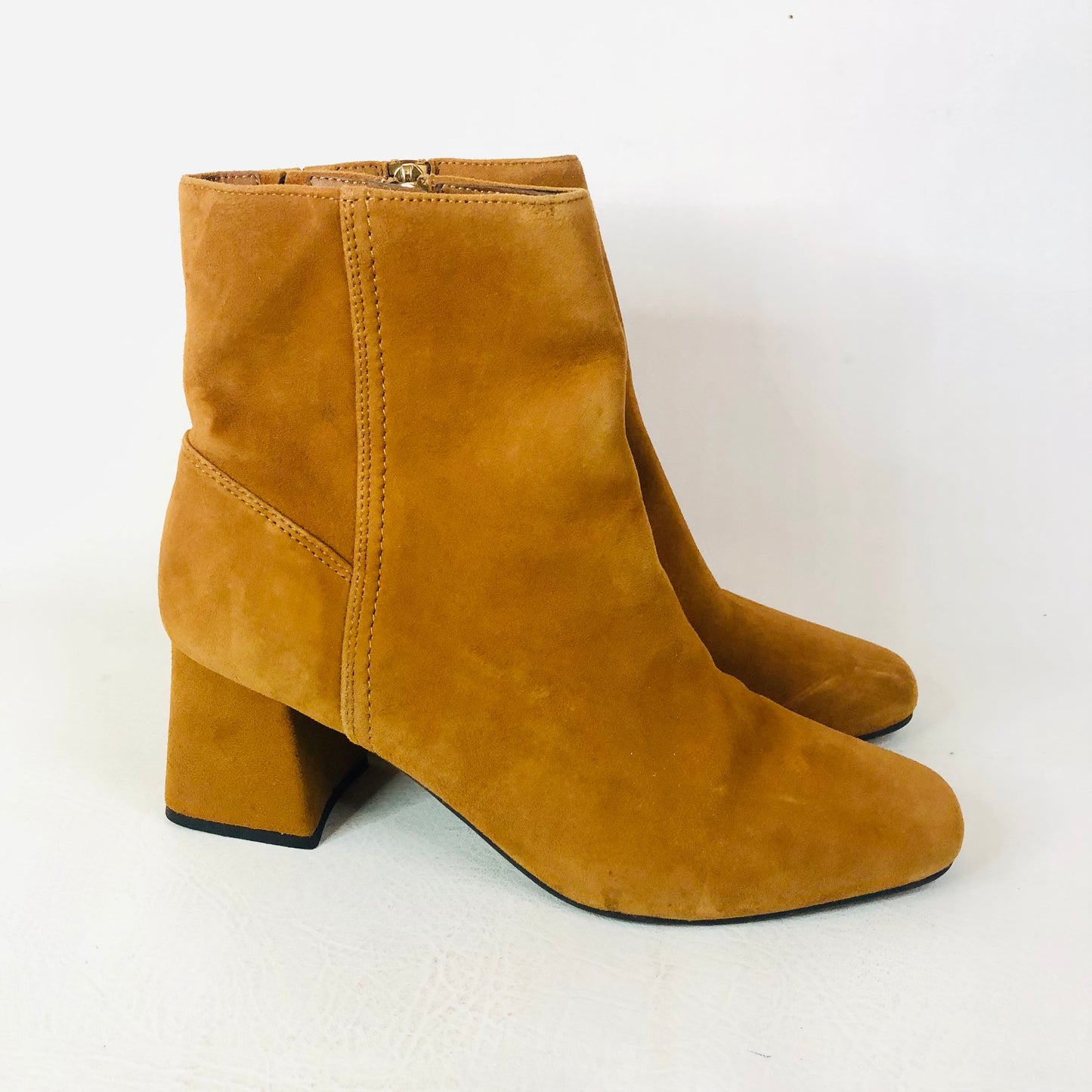 M&S Insolia Block Heel Tan Mustard Faux Suede Ankle Boots Size 5.5 (38.8)