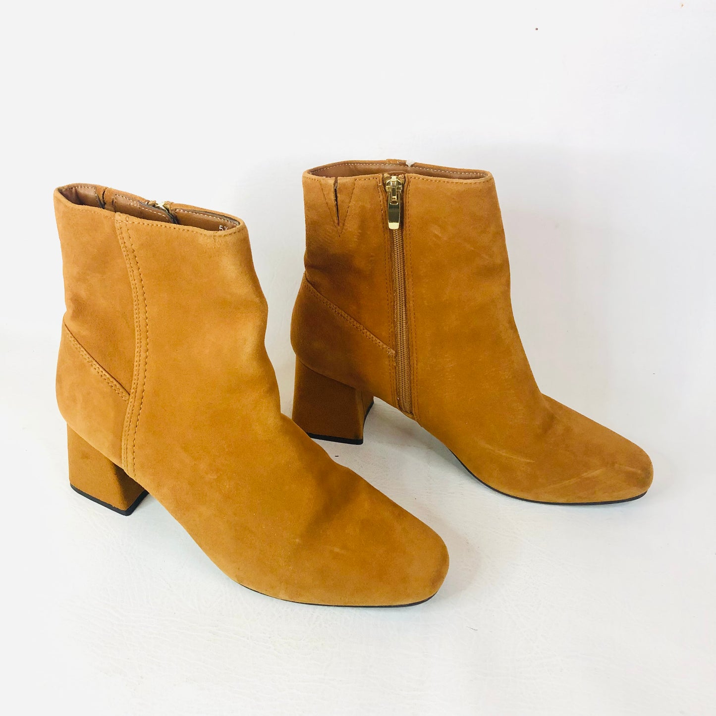 M&S Insolia Block Heel Tan Mustard Faux Suede Ankle Boots Size 5.5 (38.8)