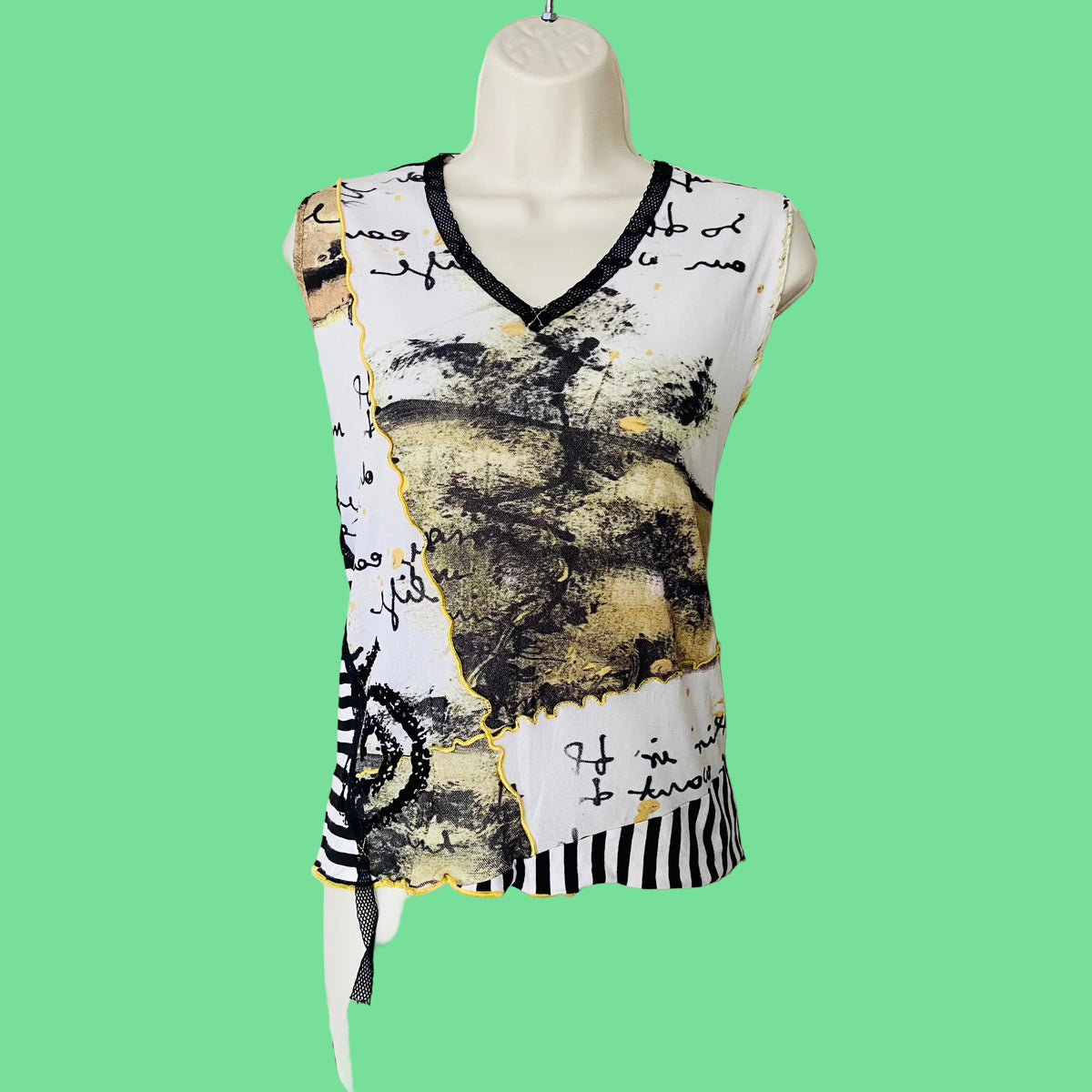 Fred Sabatier | Black White Yellow | Y2K Retro | Double Lined Mesh Sleeveless Top | Size 46 (UK 12/14)