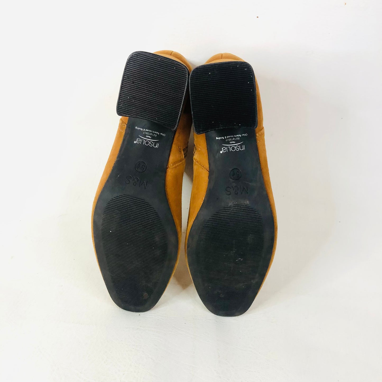 M&S Insolia Block Heel Tan Mustard Faux Suede Ankle Boots Size 5.5 (38.8)