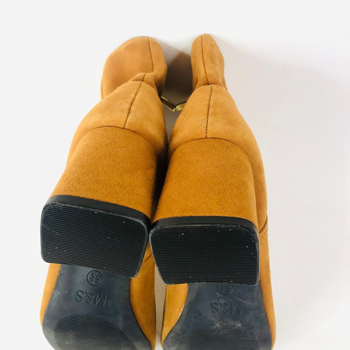 M&S Insolia Block Heel Tan Mustard Faux Suede Ankle Boots Size 5.5 (38.8)