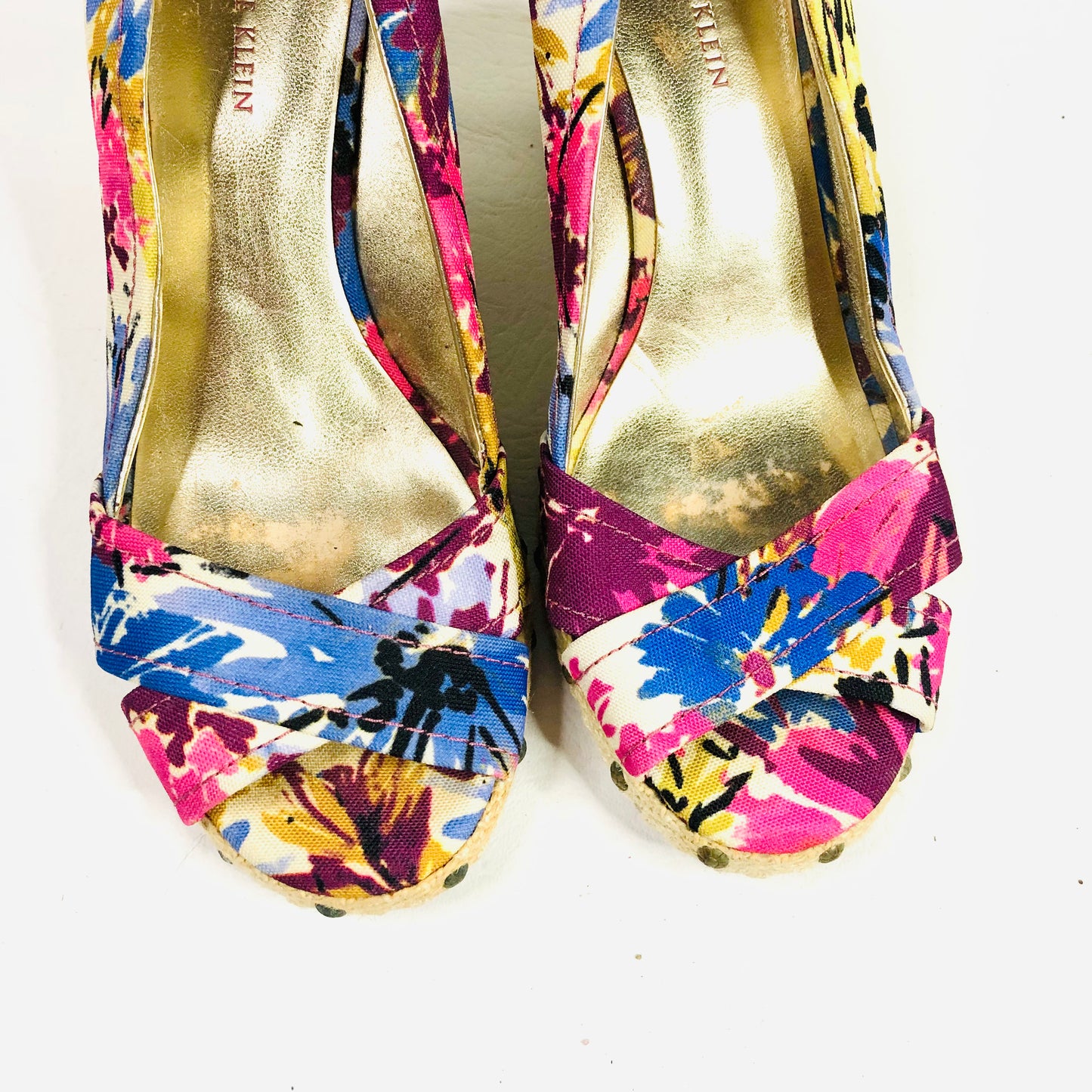 Anne Klein Floral Fabric Wedge Peep Toe Sandals Coastal Sunkiss Tropical Size 5