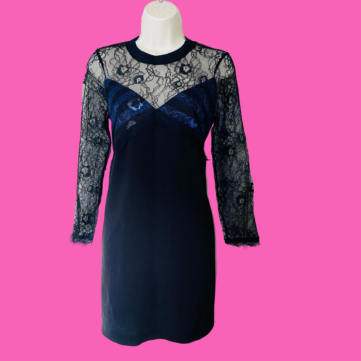 Zara | Black & Navy Blue | Lace Crepe | High Neck Long Sleeve Mini Dress | Size Medium