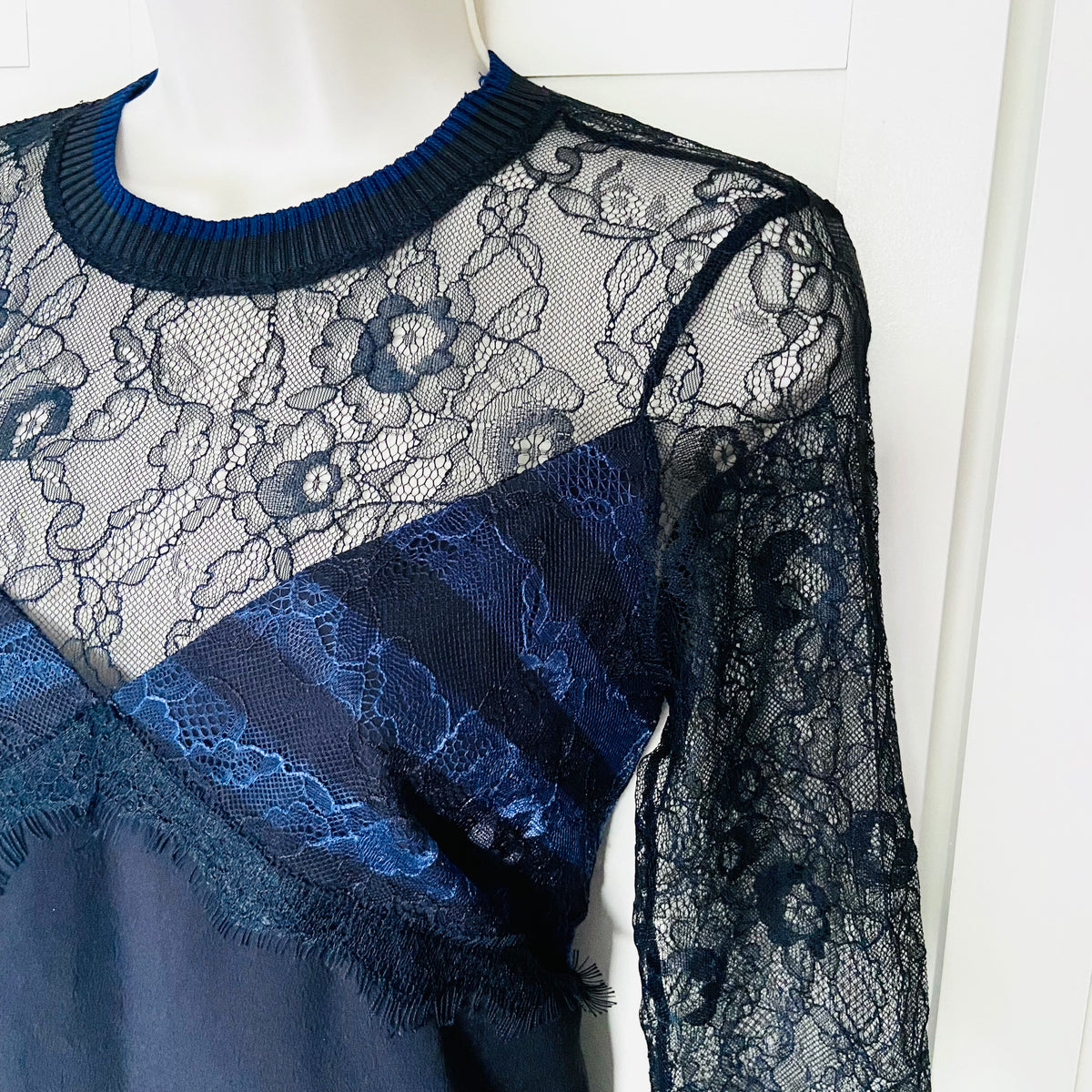 Zara | Black & Navy Blue | Lace Crepe | High Neck Long Sleeve Mini Dress | Size Medium