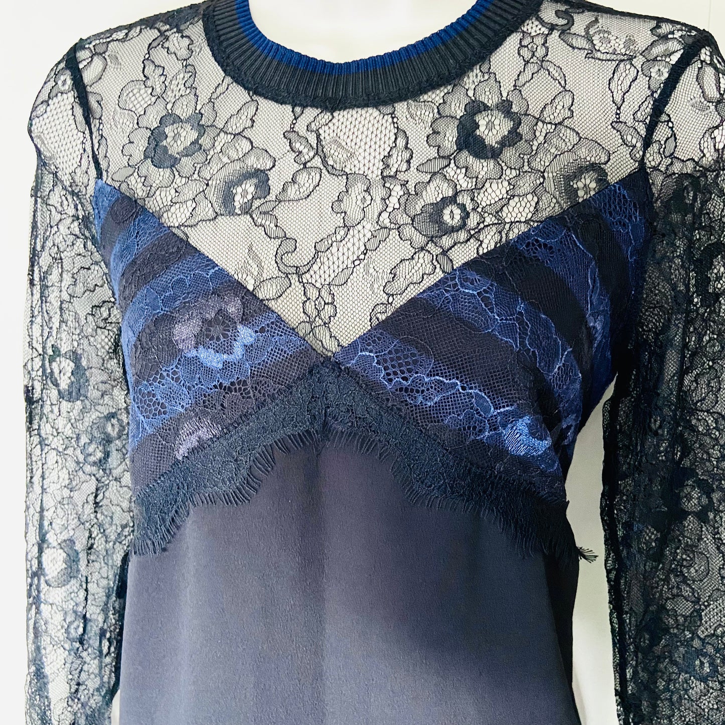 Zara | Black & Navy Blue | Lace Crepe | High Neck Long Sleeve Mini Dress | Size Medium