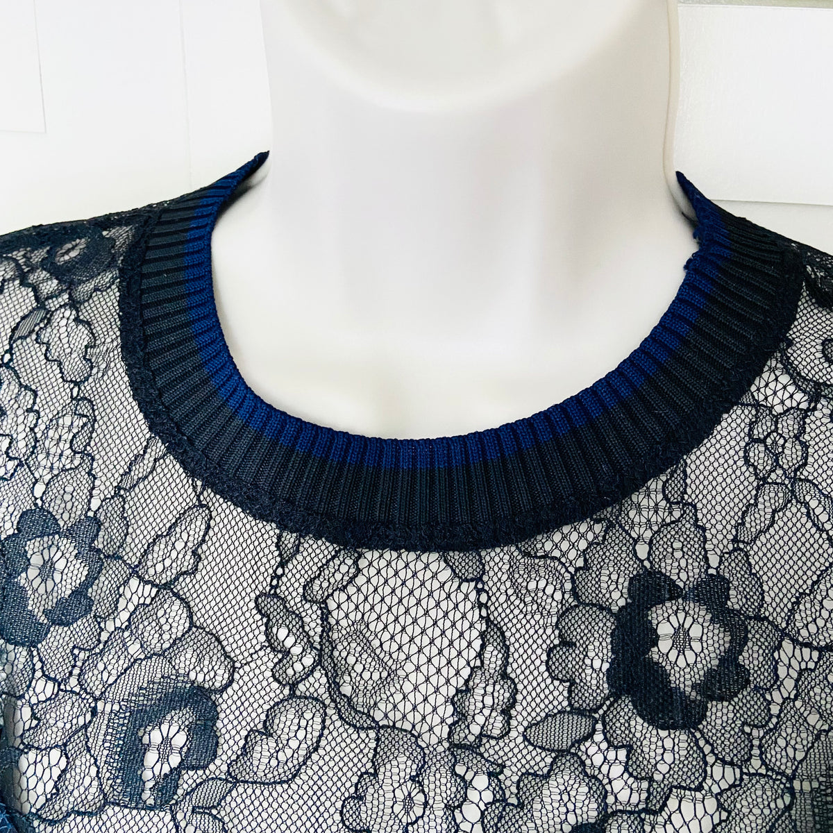 Zara | Black & Navy Blue | Lace Crepe | High Neck Long Sleeve Mini Dress | Size Medium