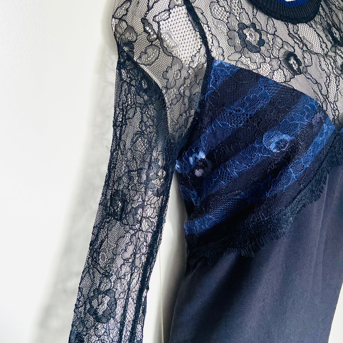 Zara | Black & Navy Blue | Lace Crepe | High Neck Long Sleeve Mini Dress | Size Medium