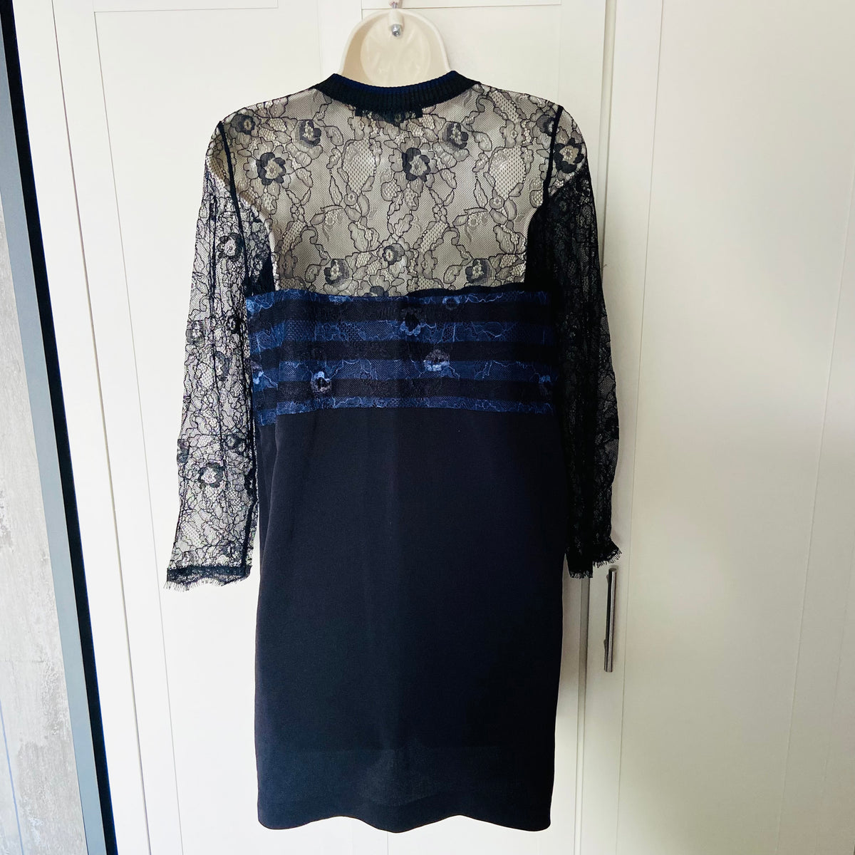 Zara | Black & Navy Blue | Lace Crepe | High Neck Long Sleeve Mini Dress | Size Medium