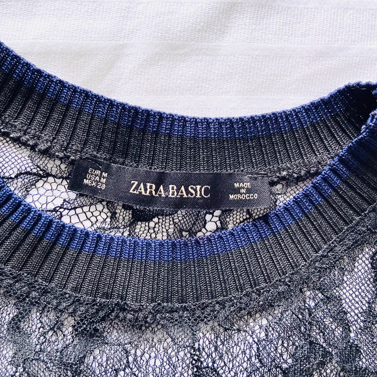 Zara | Black & Navy Blue | Lace Crepe | High Neck Long Sleeve Mini Dress | Size Medium