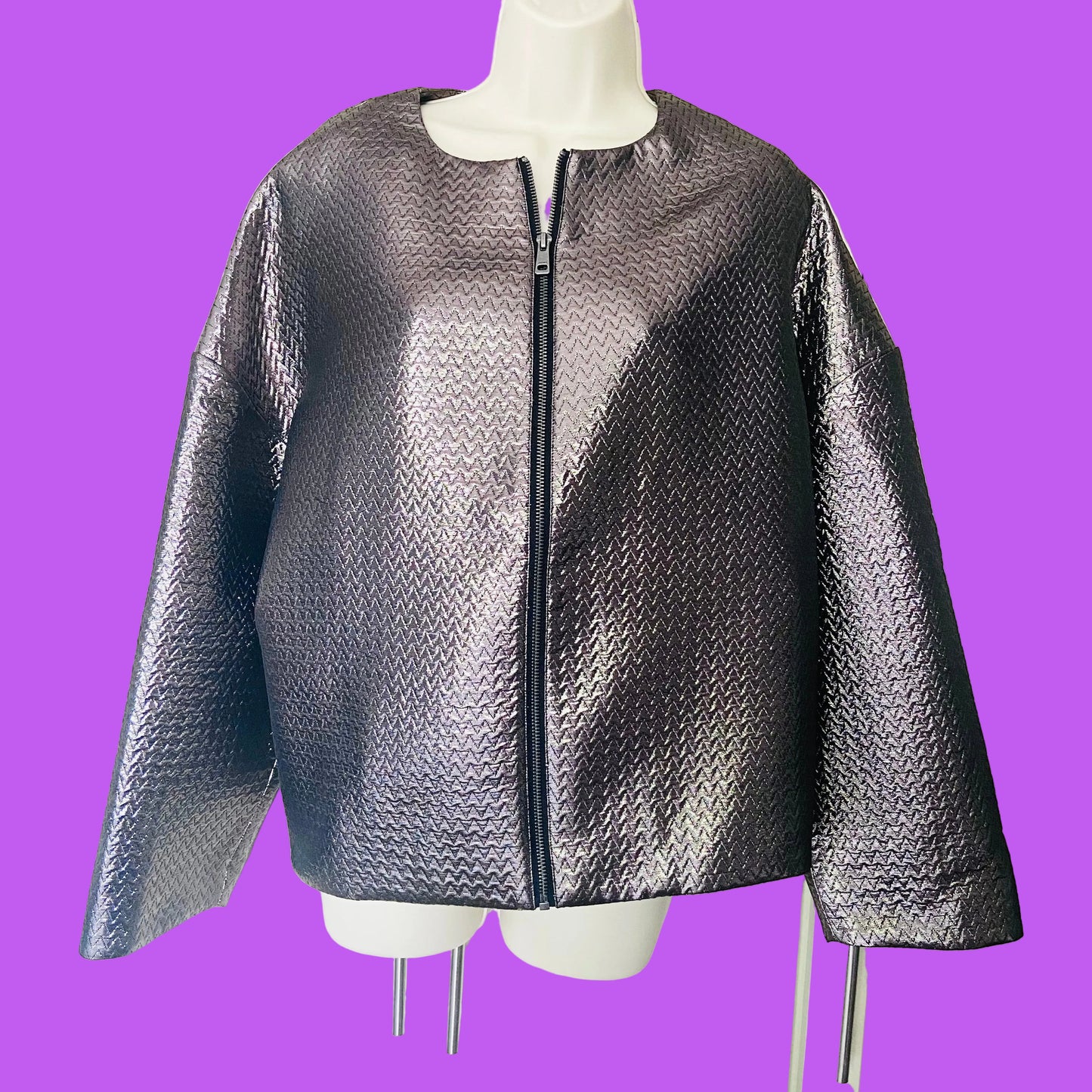 Jaeger (M&S) | Silver Grey | Metallic Chevron-Textured Fabric | Bomber Jacket | Size 18 | NEW | RRP £135