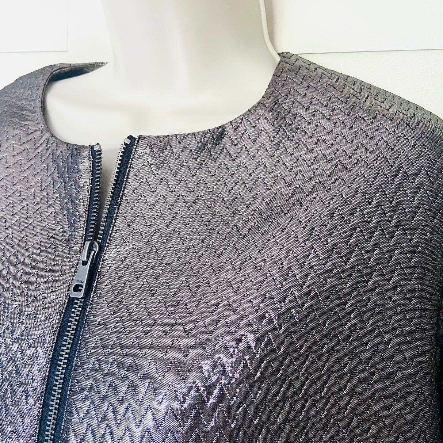 Jaeger (M&S) | Silver Grey | Metallic Chevron-Textured Fabric | Bomber Jacket | Size 18 | NEW | RRP £135