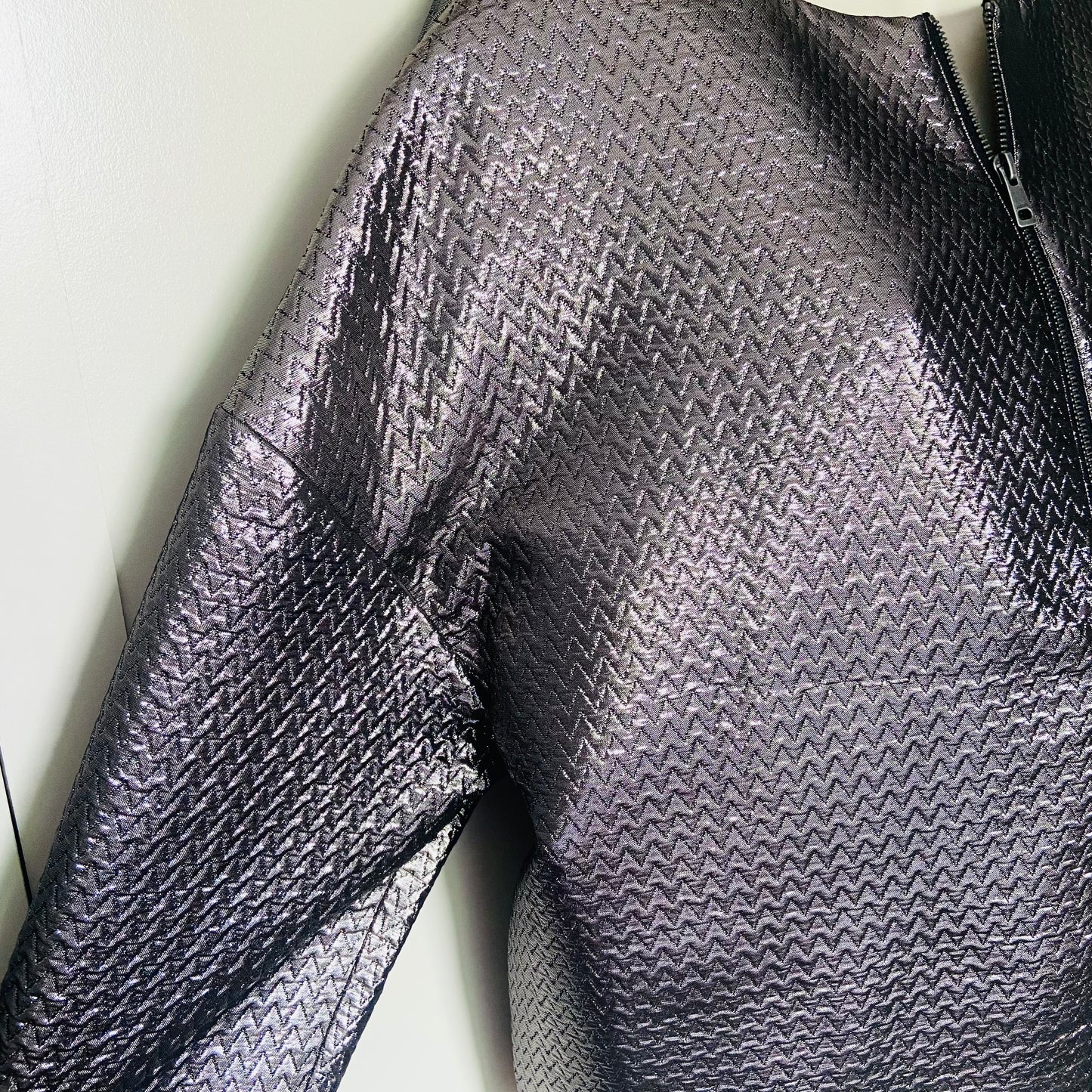 Jaeger (M&S) | Silver Grey | Metallic Chevron-Textured Fabric | Bomber Jacket | Size 18 | NEW | RRP £135