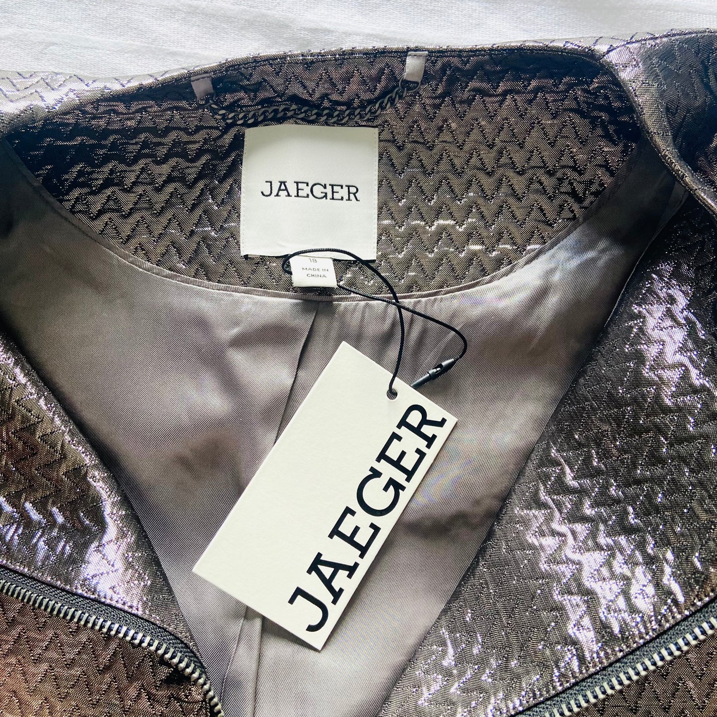 Jaeger (M&S) | Silver Grey | Metallic Chevron-Textured Fabric | Bomber Jacket | Size 18 | NEW | RRP £135