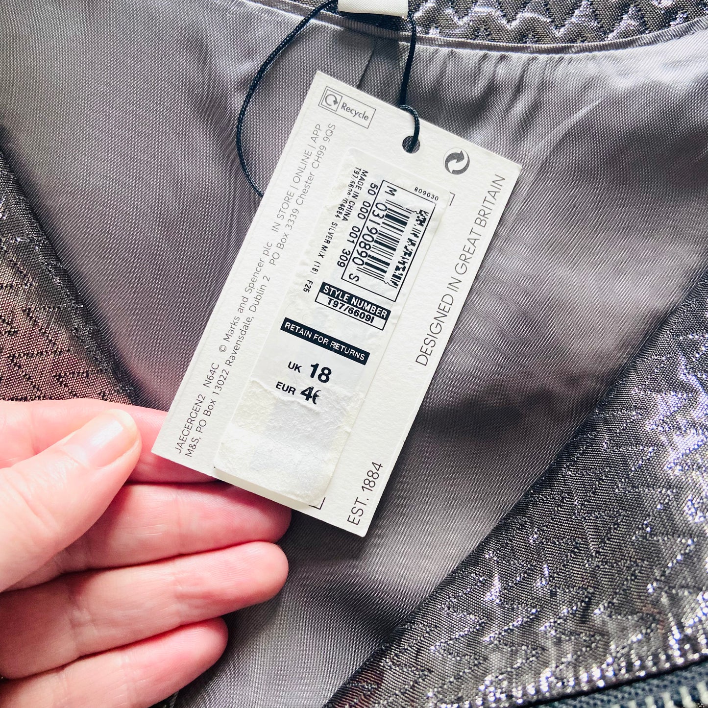 Jaeger (M&S) | Silver Grey | Metallic Chevron-Textured Fabric | Bomber Jacket | Size 18 | NEW | RRP £135