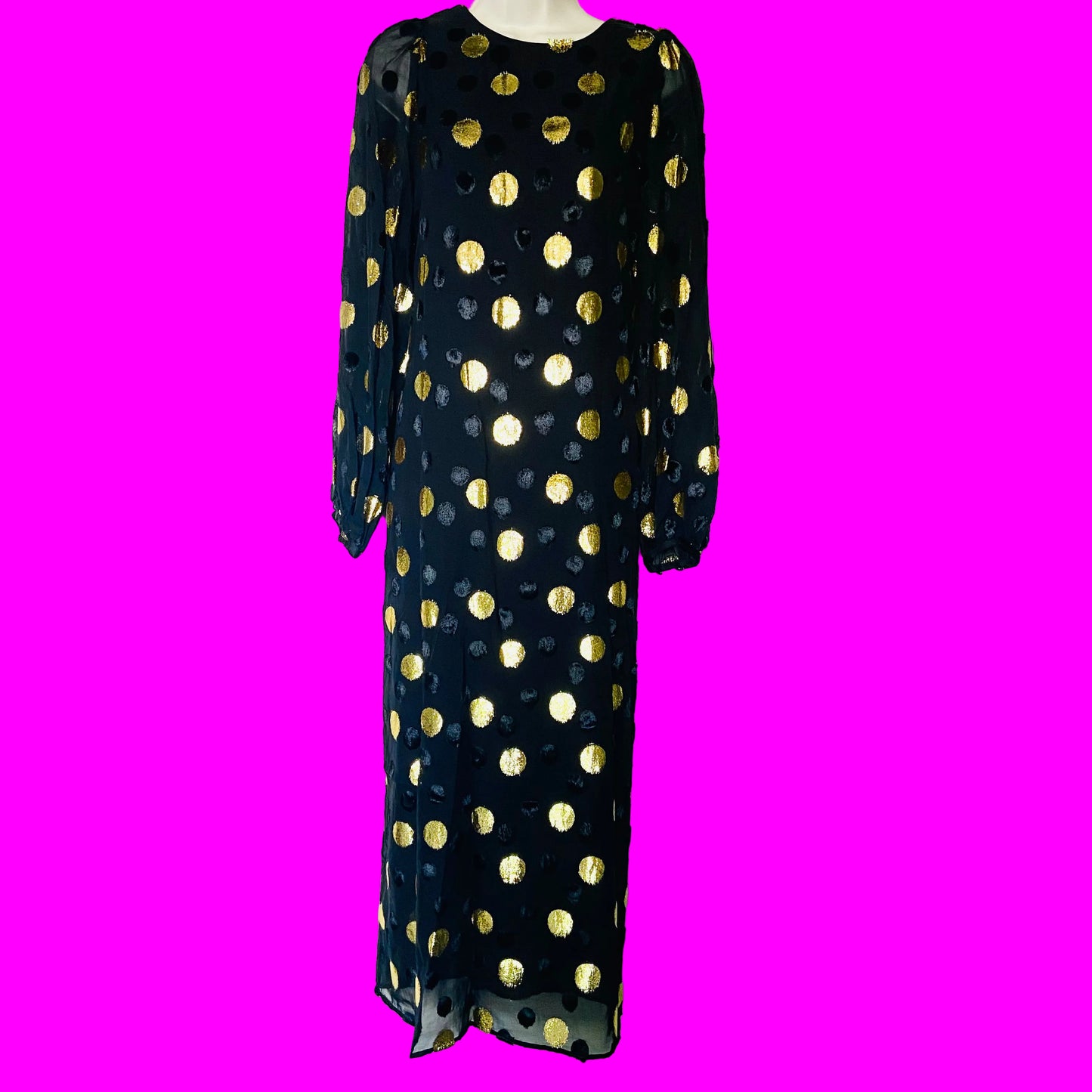 Jaeger (M&S) | Black & Gold Polka Dot | Blouson Sleeve Midi Column Dress | Size 10 | NEW | RRP £135
