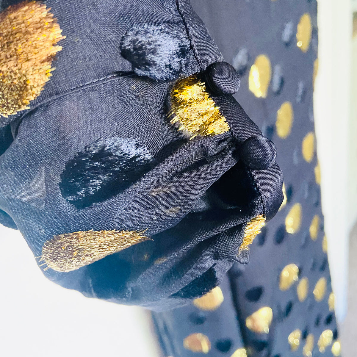 Jaeger (M&S) | Black & Gold Polka Dot | Blouson Sleeve Midi Column Dress | Size 10 | NEW | RRP £135