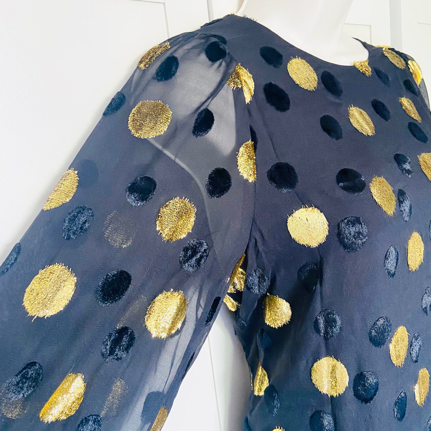Jaeger (M&S) | Black & Gold Polka Dot | Blouson Sleeve Midi Column Dress | Size 10 | NEW | RRP £135