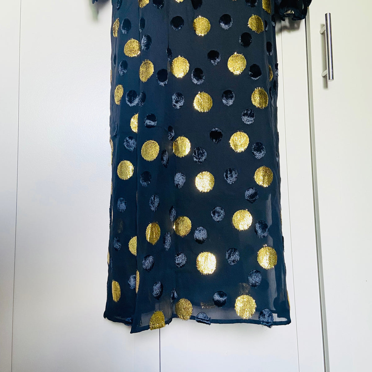 Jaeger (M&S) | Black & Gold Polka Dot | Blouson Sleeve Midi Column Dress | Size 10 | NEW | RRP £135