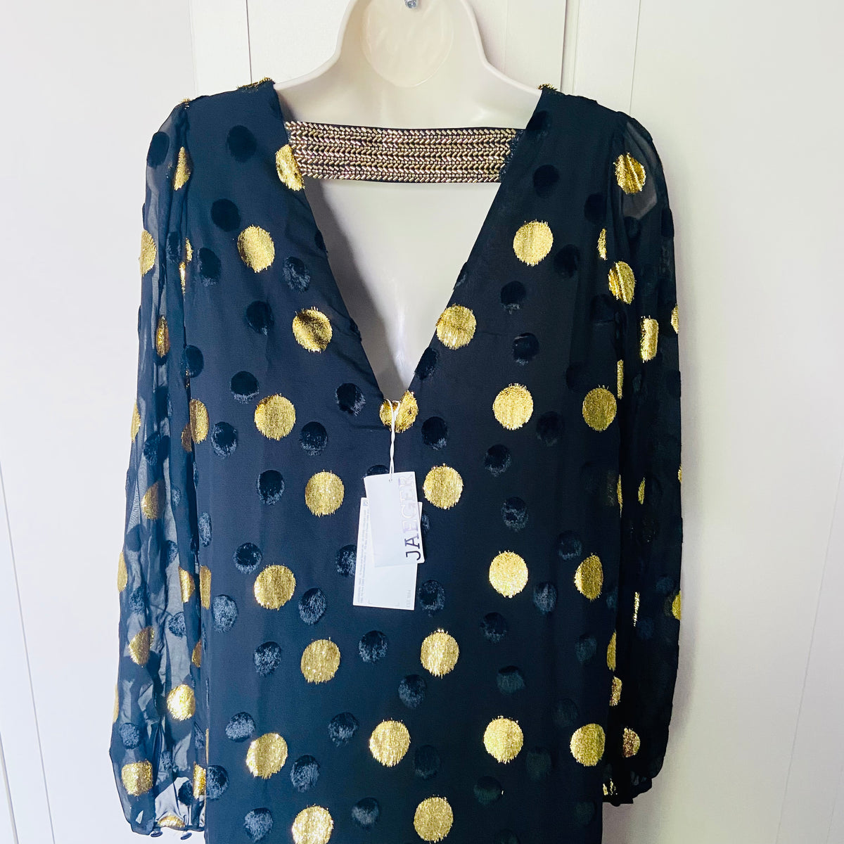 Jaeger (M&S) | Black & Gold Polka Dot | Blouson Sleeve Midi Column Dress | Size 10 | NEW | RRP £135
