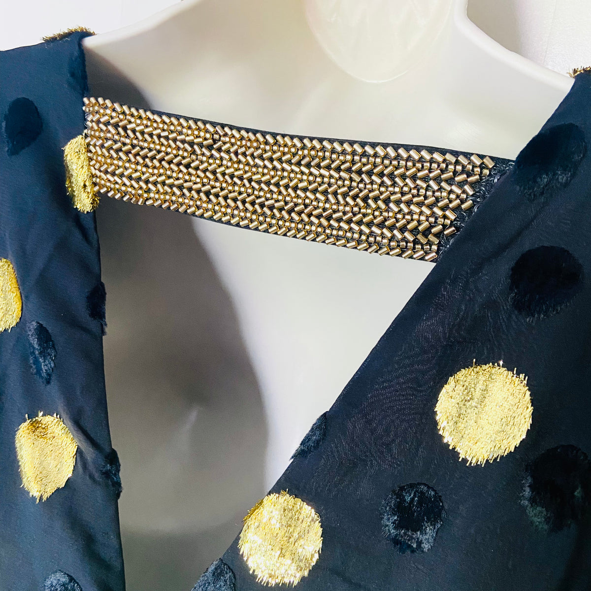 Jaeger (M&S) | Black & Gold Polka Dot | Blouson Sleeve Midi Column Dress | Size 10 | NEW | RRP £135