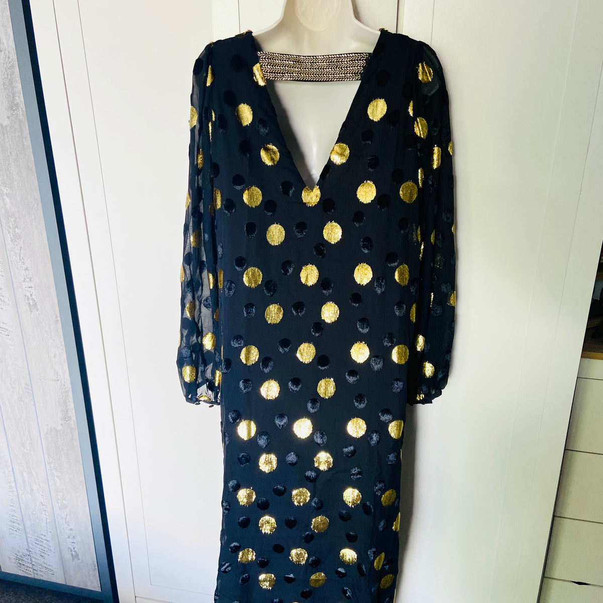 Jaeger (M&S) | Black & Gold Polka Dot | Blouson Sleeve Midi Column Dress | Size 10 | NEW | RRP £135