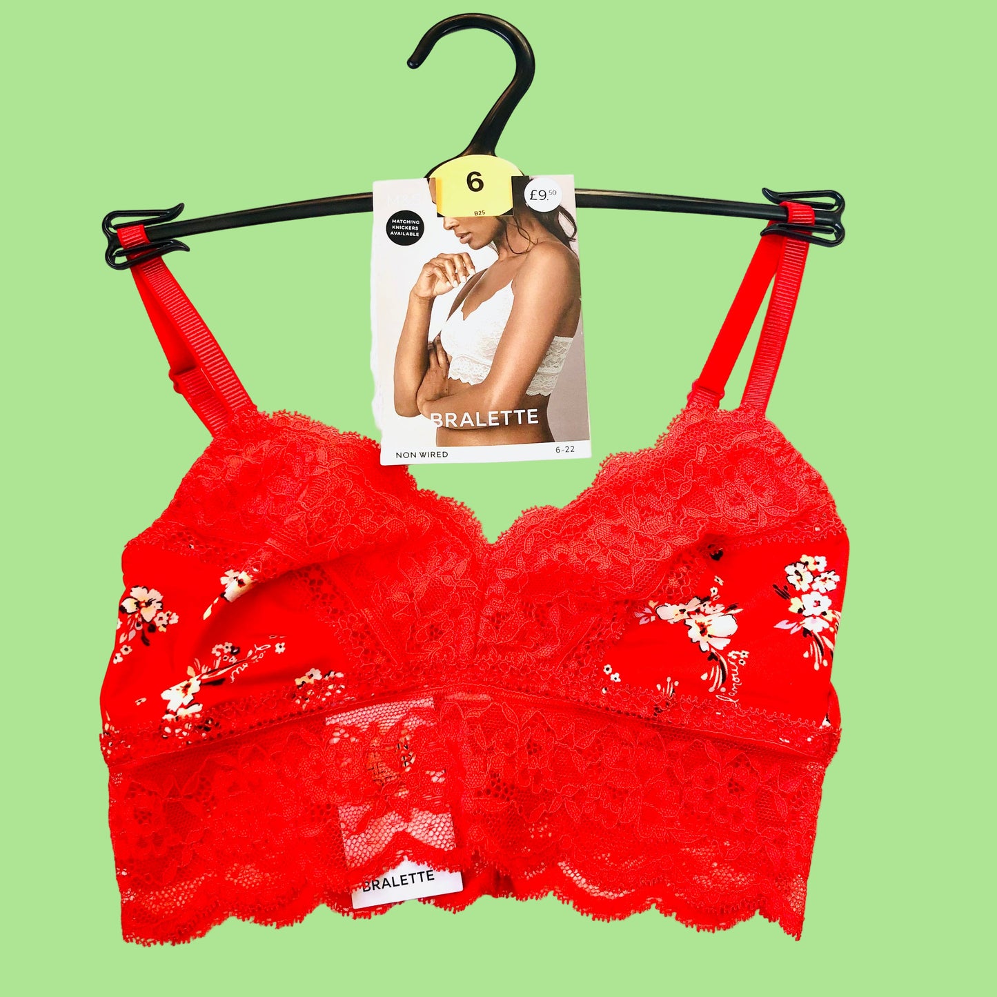 M&S Red Floral Lace Trim Non Wired Bralette Bra Size 6 NEW