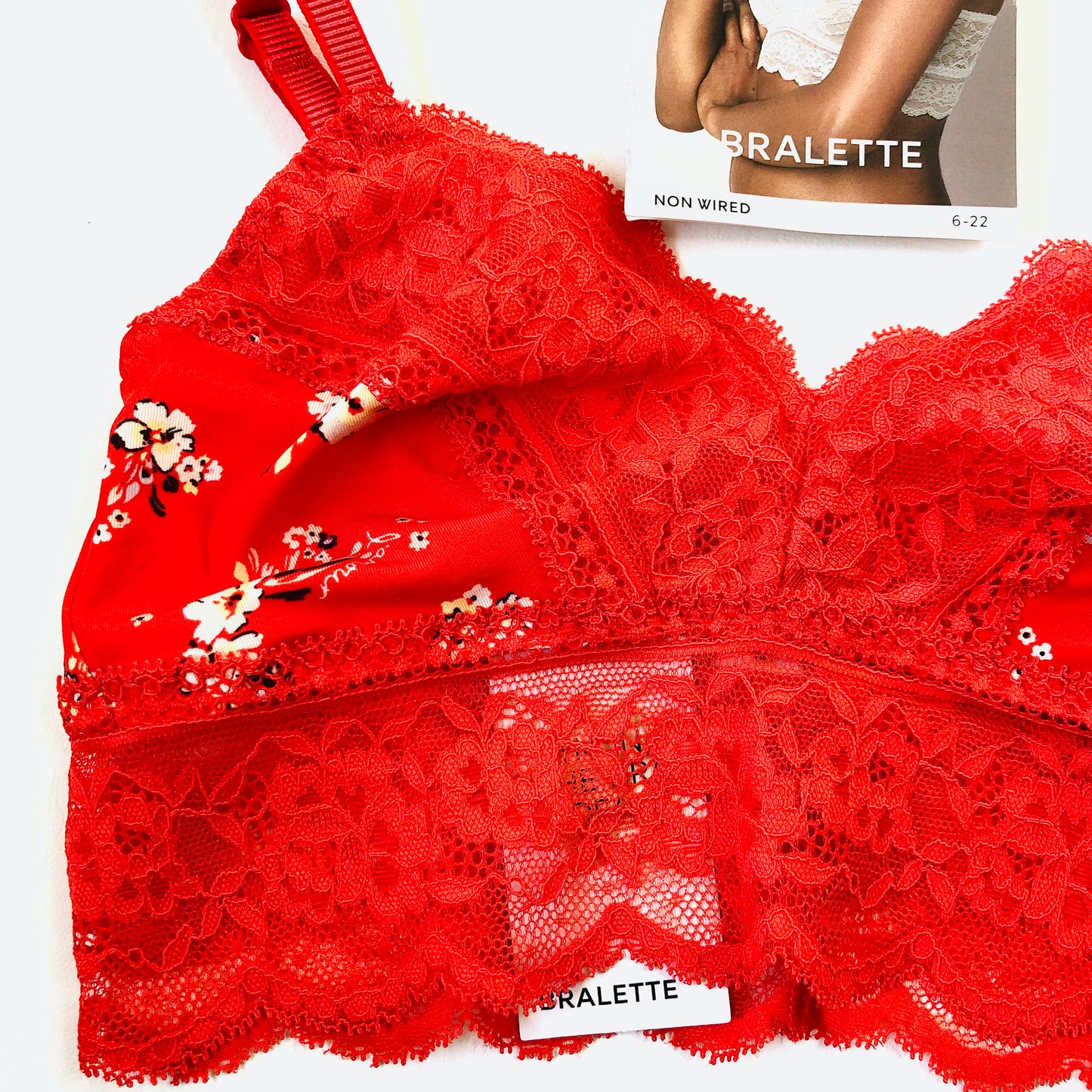 M&S Red Floral Lace Trim Non Wired Bralette Bra Size 6 NEW