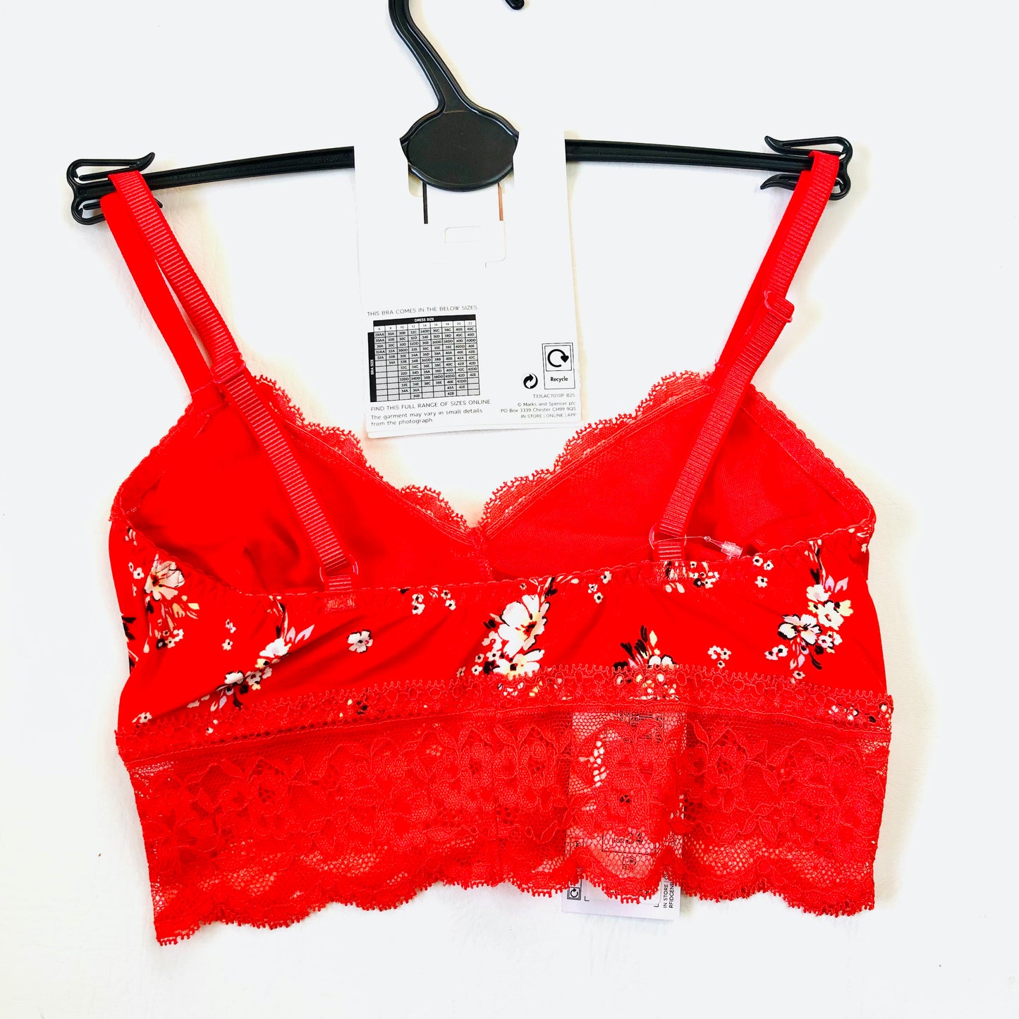 M&S Red Floral Lace Trim Non Wired Bralette Bra Size 6 NEW