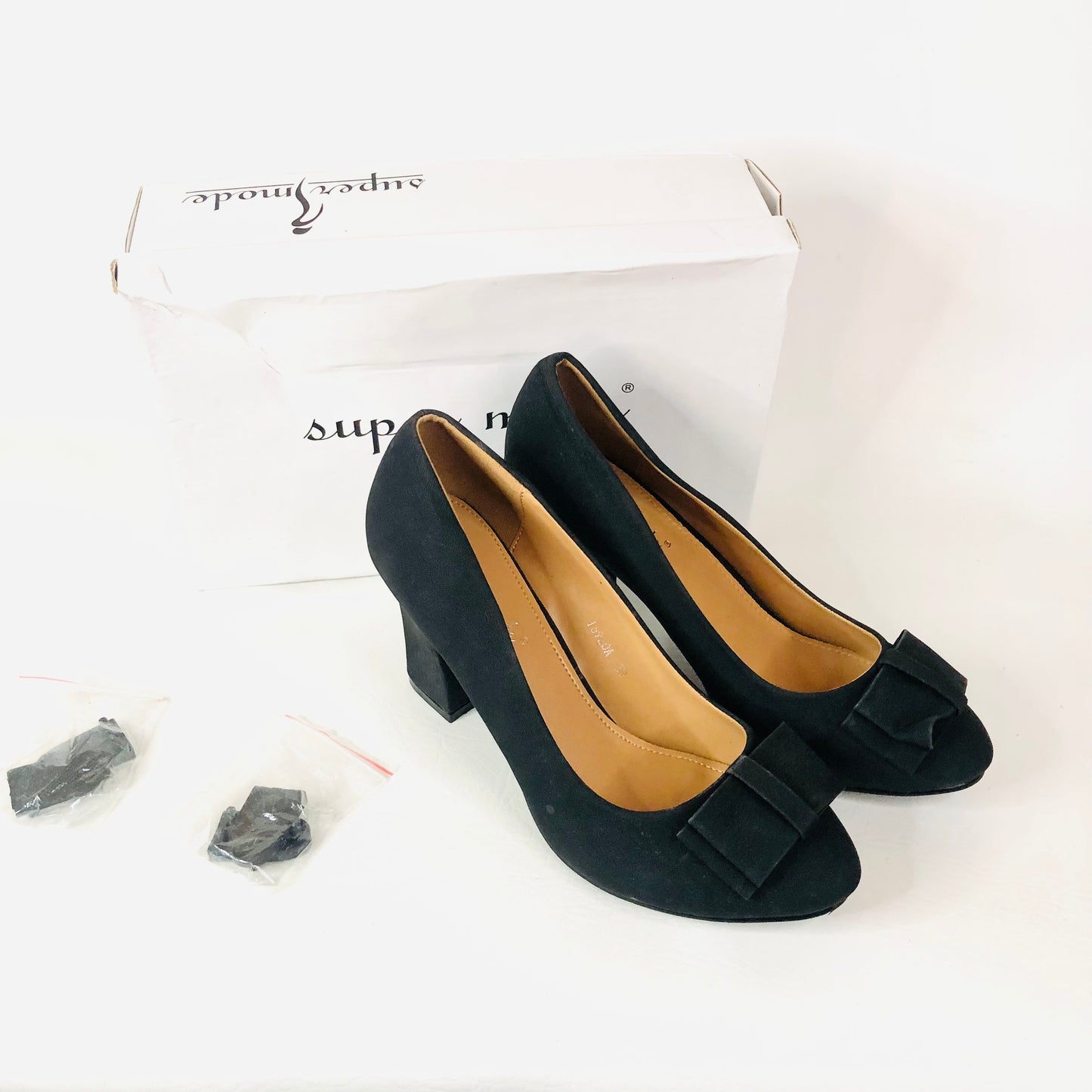 Super Mode Black Faux Suede Block Heel Bow Round Toe Court Shoes Size 39 UK 6
