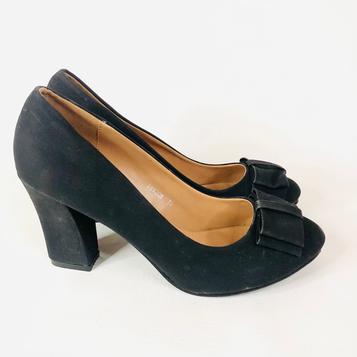 Super Mode Black Faux Suede Block Heel Bow Round Toe Court Shoes Size 39 UK 6