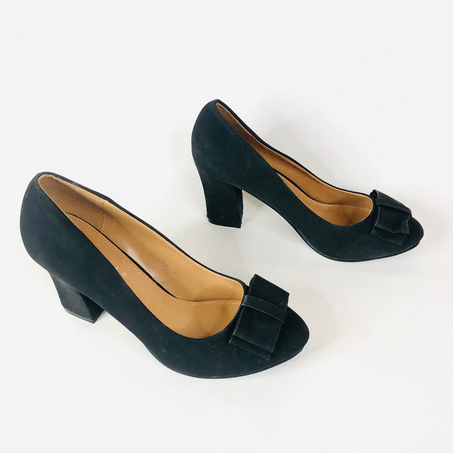 Super Mode Black Faux Suede Block Heel Bow Round Toe Court Shoes Size 39 UK 6