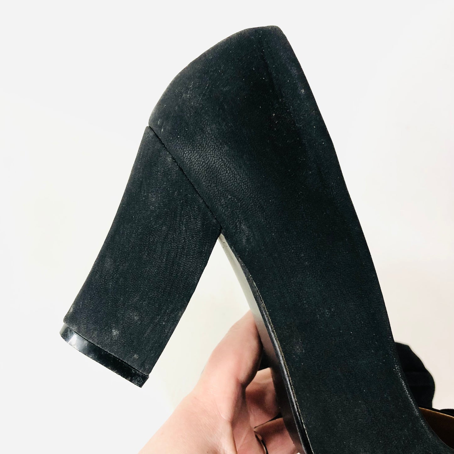 Super Mode Black Faux Suede Block Heel Bow Round Toe Court Shoes Size 39 UK 6