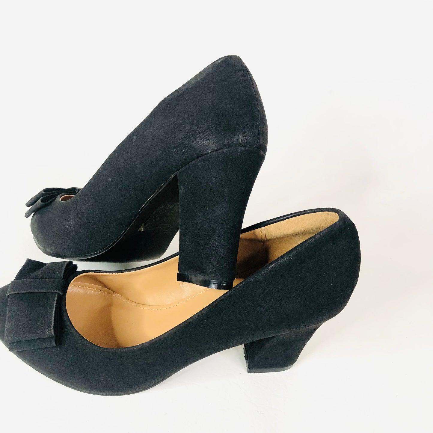 Super Mode Black Faux Suede Block Heel Bow Round Toe Court Shoes Size 39 UK 6