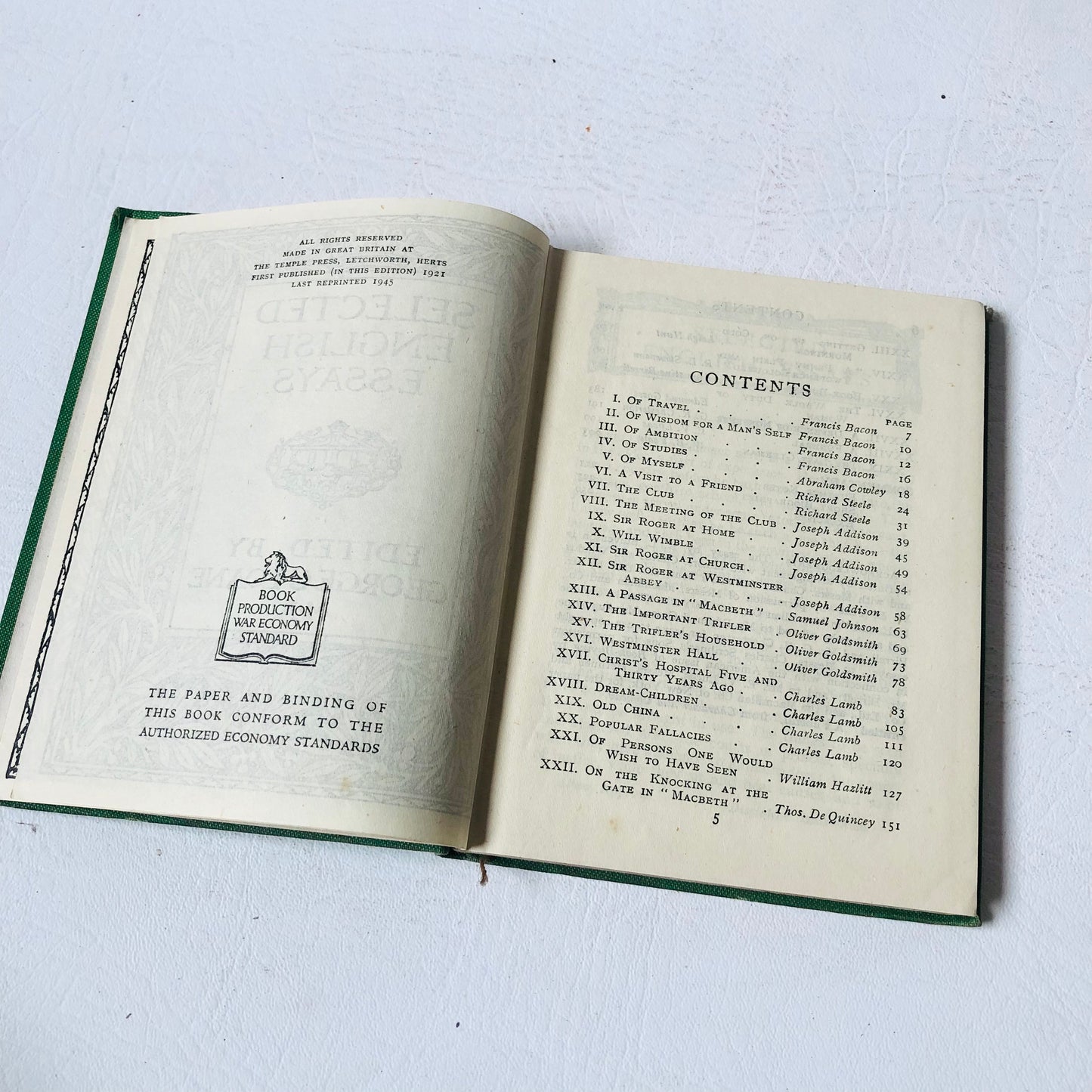 Selected English Essays By George G Loane 1945 Reprint Green Hardback