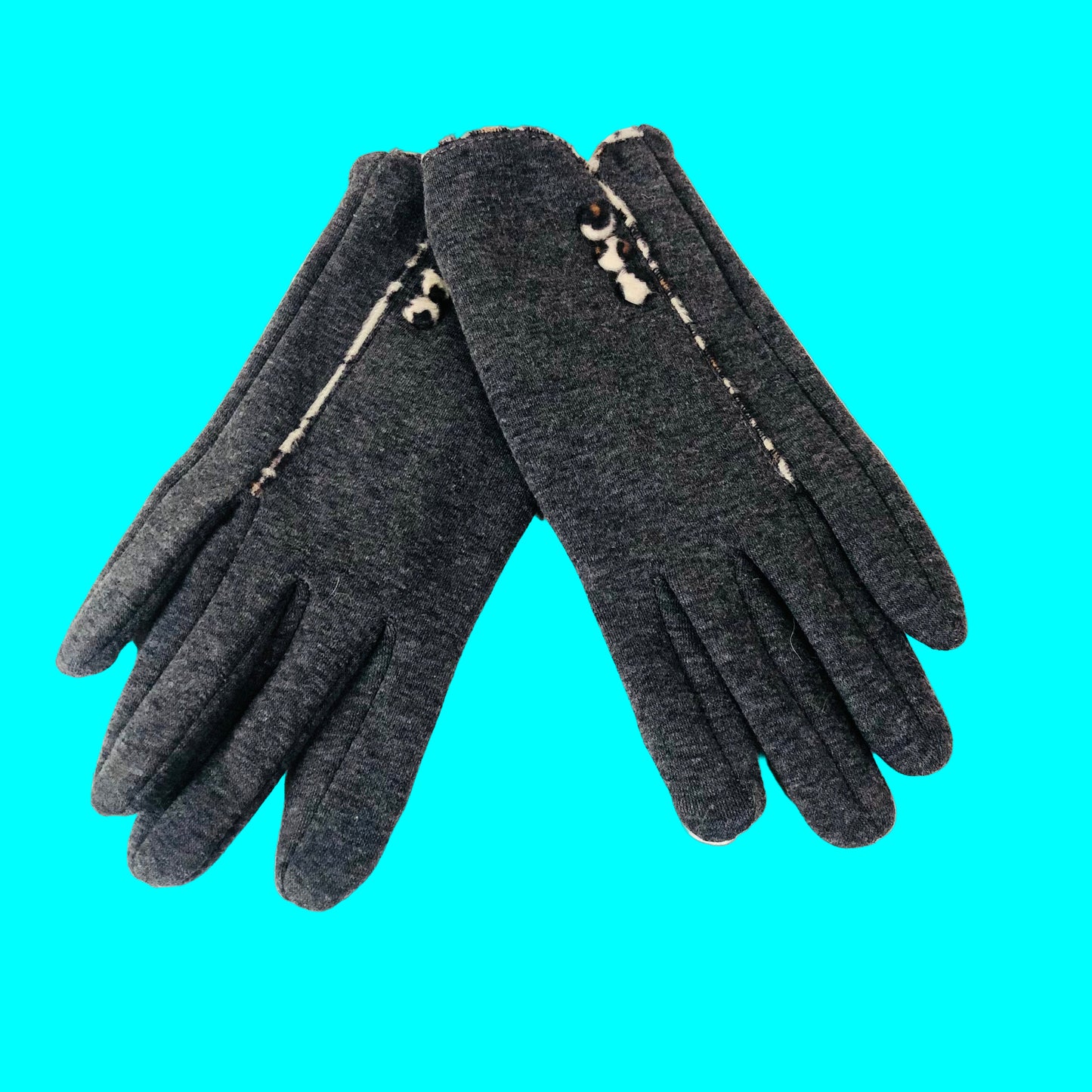 Junction Eighteen Grey & Leopard Print Trim Gloves With Touch Screen Pad NEW