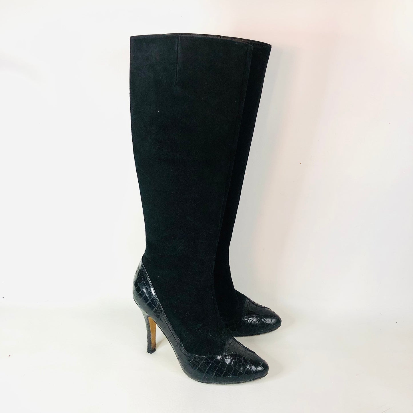 LK Bennett Black Suede Leather With Patent Snakeskin Knee Boots Size 38 (Uk 5)