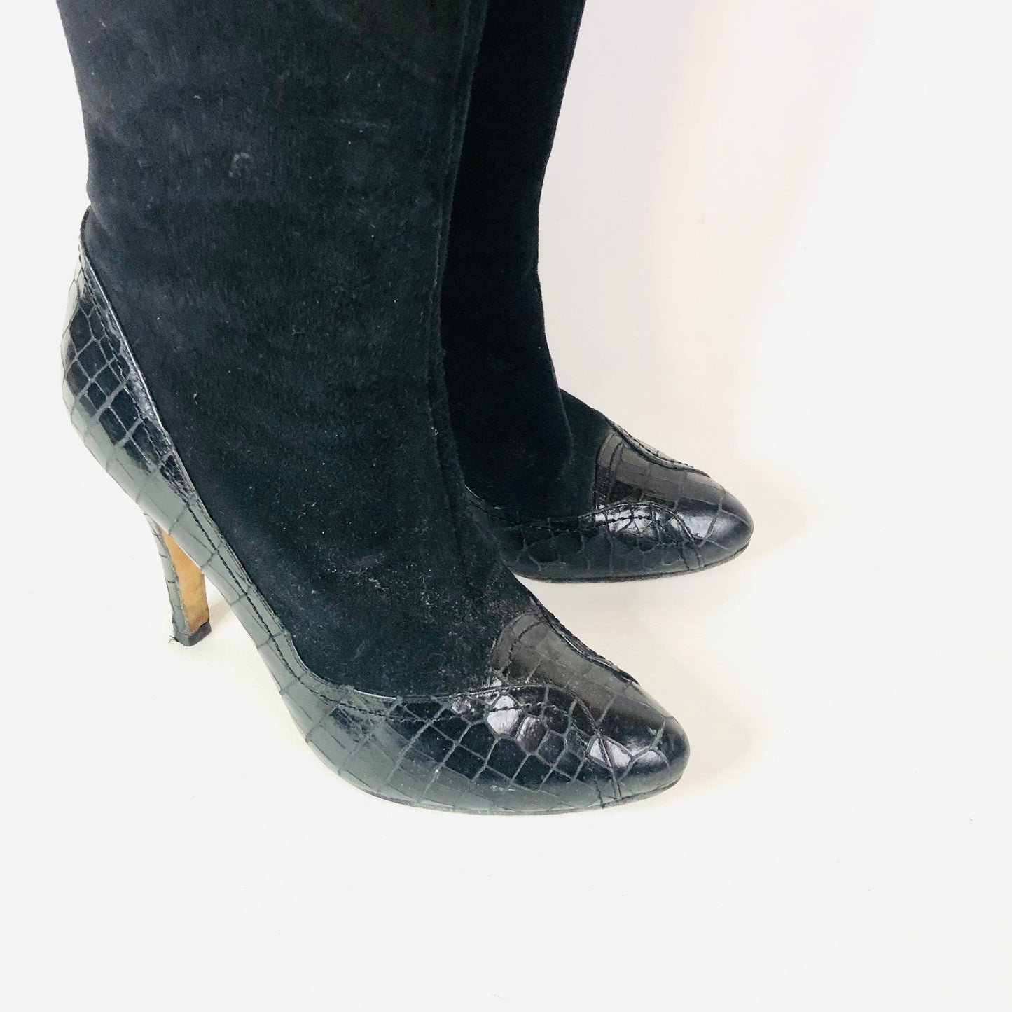 LK Bennett Black Suede Leather With Patent Snakeskin Knee Boots Size 38 (Uk 5)