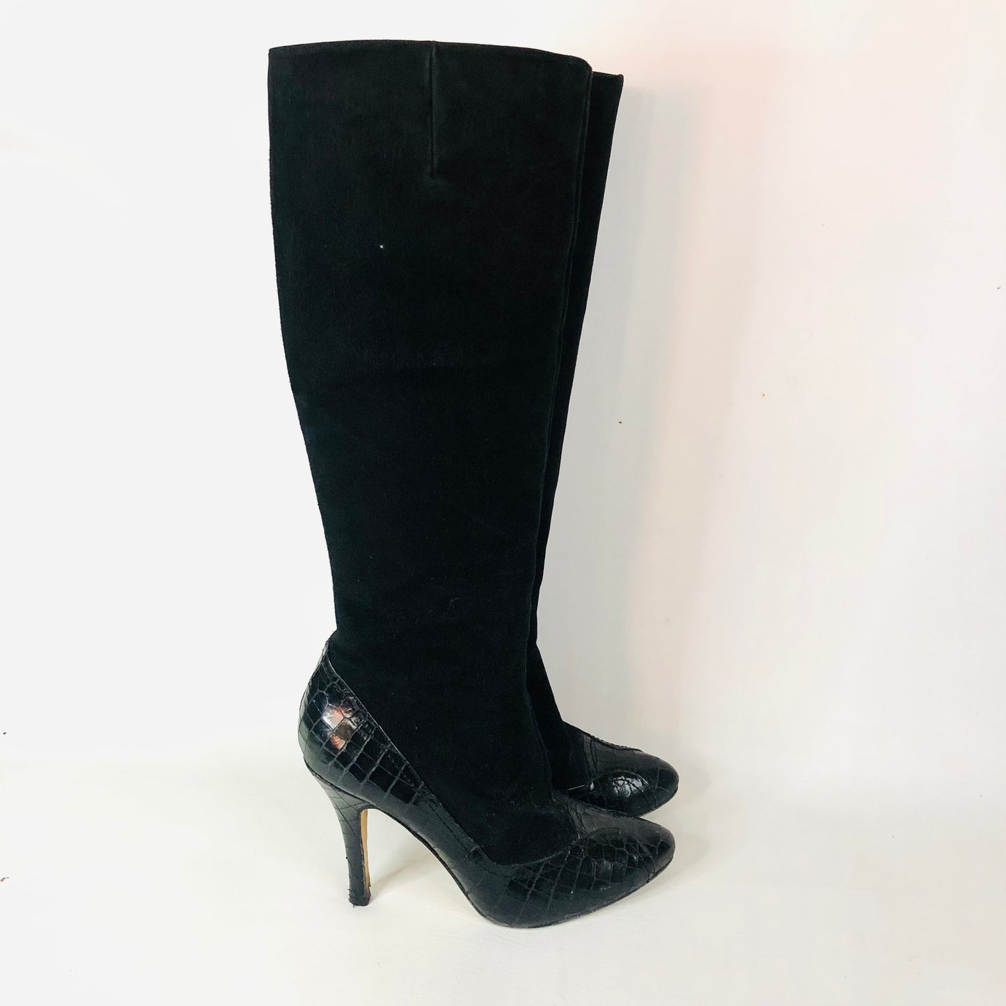 LK Bennett Black Suede Leather With Patent Snakeskin Knee Boots Size 38 (Uk 5)