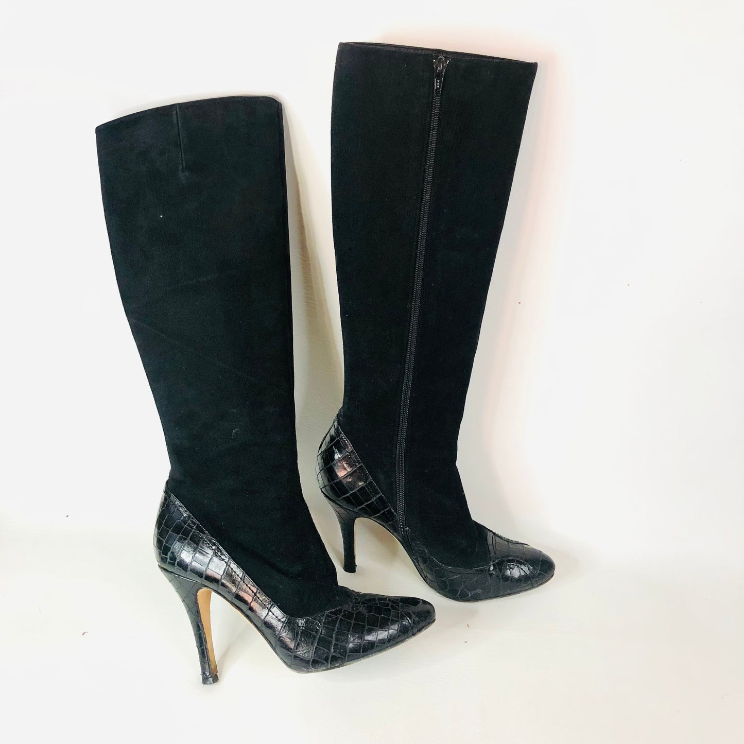 LK Bennett Black Suede Leather With Patent Snakeskin Knee Boots Size 38 (Uk 5)