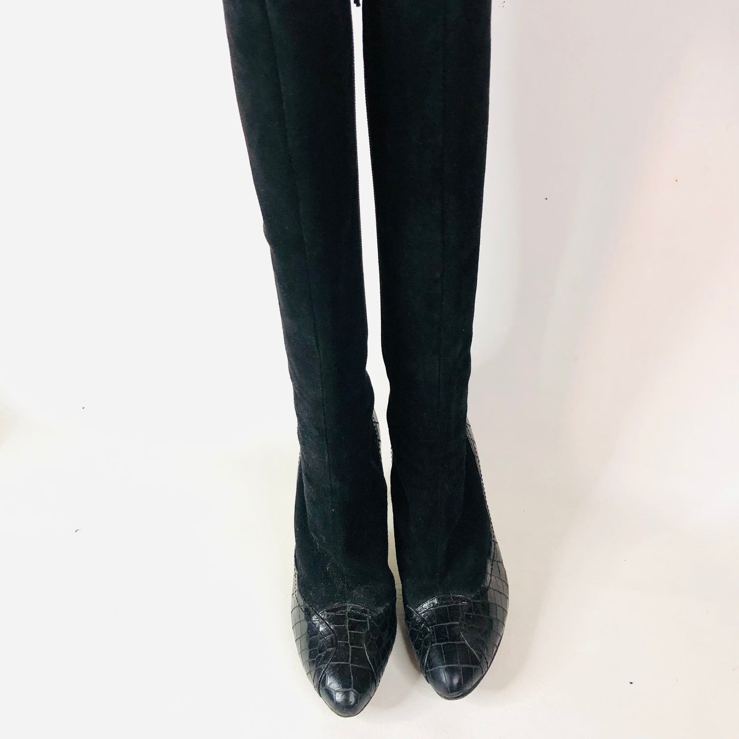 LK Bennett Black Suede Leather With Patent Snakeskin Knee Boots Size 38 (Uk 5)